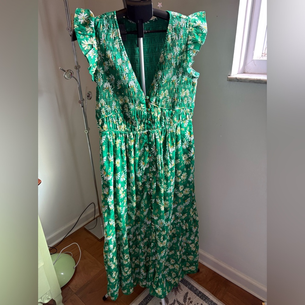 Anthropologie Peregrine Green Yellow Daisy Floral Midi Dress M Medium